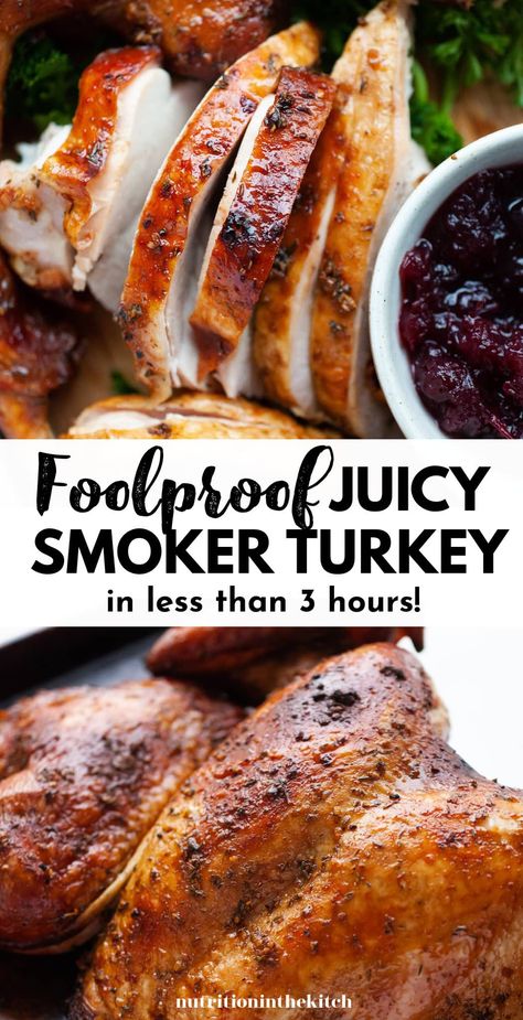 Looking for turkey recipes? This easy smoked turkey is great for Thanksgiving, Christmas, Easter, or any time of year (summer bbq season too!). It’s so juicy and tender with crispy, flavourful skin! The breast, wings, and every part of the whole turkey is incredible and the maple bbq rub adds so much flavour. It’s one of the best rub recipes you can use for any poultry! If you’ve never tried a whole turkey in a smoker, now’s the time! Pit Boss Smoked Turkey, Smoked Turkey Rub, Smoked Turkey Breast Recipe, Turkey Rub Recipes, Turkey Rub, Turkey Seasoning, Bbq Turkey, Smoked Turkey Recipes, Smoked Turkey Breast