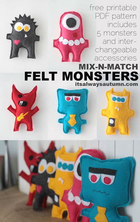 These felt monsters are the perfect beginning sewing project for kids! Click through to download patterns for five different monsters. #itsalwaysautumn #beginningsewing #sewingforkids #kidscraft #kidcrafts #kidsewingproject Easy Sewing Patterns Free, Felt Monster, Monster Dolls, Beginner Sewing Projects Easy, Sewing Projects For Kids, Leftover Fabric, Sewing Projects For Beginners, Love Sewing, Sewing For Beginners