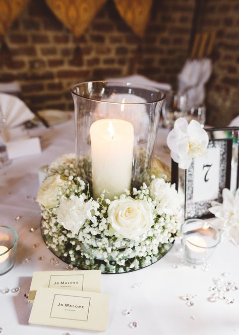 Wedding Ideas Centerpieces Diy, Vase With Candle Centerpiece, Wedding Table Decorations Mirror, Vase And Mirror Centerpieces, Mirror Base Centerpiece, Centerpiece With Candles And Flowers, Candle Vase Centerpieces, Wedding Centerpieces On Mirrors, Candle Floral Centerpieces