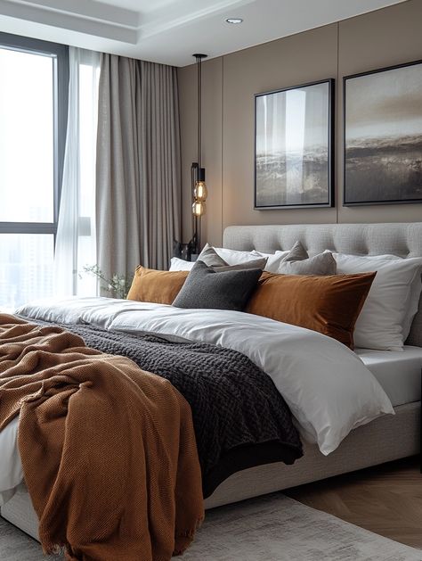 Tan Headboard Bedroom Ideas, Caramel Black And White Bedroom, Caramel Bedding Decor, Grey And Caramel Bedroom, Grey And Brown Master Bedrooms Decor, Earthy Grey Bedroom, Japandi Bedroom Wall Color, Brown Bedroom Ideas Cozy Color Palettes, Camel Bedding Ideas