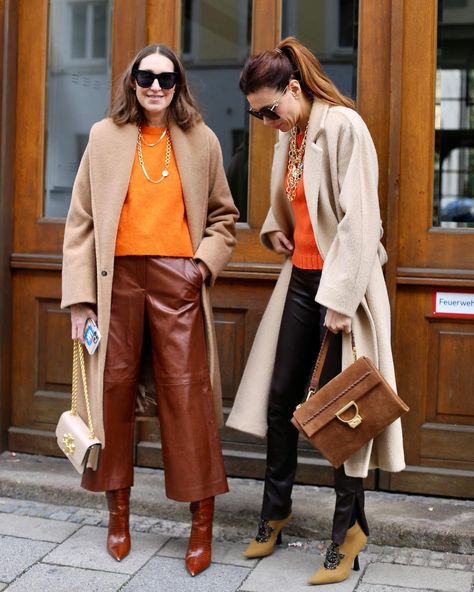 Annette Weber on Instagram: “Colorcode: Orange and Cognac . . Werbung . #orange #congnac #leatherpants #culottes #culottespants #beigecoat #cashmeremantel #wintermantel…” Winter Mantels, Beige Coat, Famous Fashion, Fashion Bloggers, Sewing Inspiration, Street Styles, Cognac, Red Leather Jacket, Milan