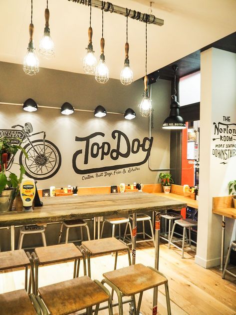 Hot Dog Restaurant Design, Hot Dog Restaurant, Marissa Hermer, Hot Dog Restaurants, Small Restaurant Design, Feature Lighting, Restaurant Design Inspiration, Pretty Logo, Dog Cafe