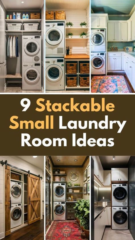 Maximize your laundry space with these 9 clever small laundry room ideas featuring stackable units! From innovative storage solutions to stylish designs, transform your compact laundry area into an efficient and aesthetically pleasing space. Discover how to make the most of every inch with these practical and chic ideas. Perfect for any home looking to optimize their laundry room! Utility Room Laundry Makeover, Clever Utility Room Ideas, Small Laundry Storage Ideas, Utility Room Ideas Storage, Small Laundry Room With Stacked Machines, Closet Laundry Room Ideas Hallways, Kitchen With Laundry Area, Stackable Laundry Room Ideas, Tiny Utility Room Ideas