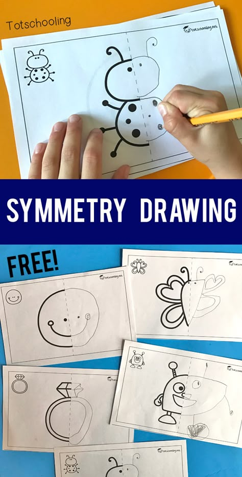 FREE printable Symmetry drawing activity for preschool and kindergarten kids. A fun art and math activity in one! Kids will complete the symmetrical pictures by drawing the other half. Symmetrical Pictures, Fact Fluency Activities, Symmetry Activities, Symmetry Worksheets, Symmetry Drawing, Drawing Activity, Fluency Activities, Early Years Foundation Stage, Drawing Activities