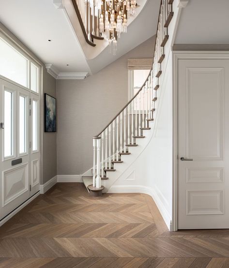 chevron wood flooring Chevron Flooring, White Wood Floors, Grey Wood Floors, Herringbone Wood Floor, Herringbone Wood, House Stairs, Engineered Wood Floors, Home Design Decor, Staircase Design