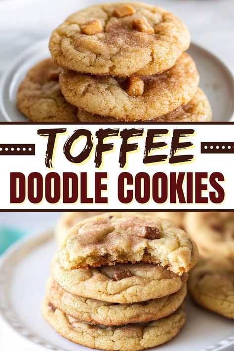 These soft and chewy toffee doodle cookies offer a delightful mix of warm cinnamon-sugar coating, buttery toffee bits, and a perfectly buttery texture. Chewy French Toast Cookies, Cookie Recipes With Toffee Bits, Toffee Nut Cookies, English Toffee Cookies Recipes, Toffee Snickerdoodle Cookies, Toffee Doodle Cookies, Peanut Butter Toffee Cookies, Toffee Bits Recipe Baking, Cookies With Heath Toffee Bits