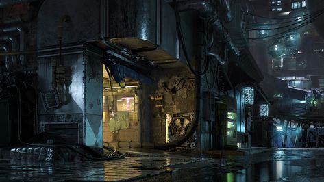 "Old World - A Cyberpunk Alleyway" by Carl Schildhauer Cyberpunk City Slums, Futuristic Alleyway, Cyberpunk Alleyway, Cyberpunk Alley, Crumbling Buildings, Cyberpunk House, Cyberpunk Building, Cyberpunk Street, Cyberpunk World