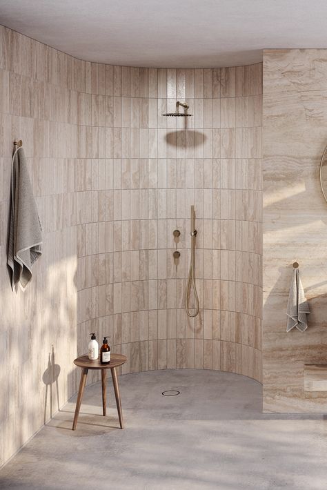 Classic California Interior Design, Beach Shack Bathroom, Travertine Bathroom Mood Board, Bronze Tapware Bathroom, Bronze Tapware, Brushed Copper Tapware, Curved Bathroom, Out Door Stone Bath Australia, Lusso Stone Bath