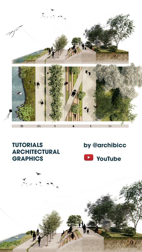 Plan Concept Architecture, Perspective Section, Landscape Architecture Presentation, Landscape Diagram, Collage Architecture, Landscape Architecture Diagram, Landscape Architecture Graphics, Design Perspective, Urban Design Graphics