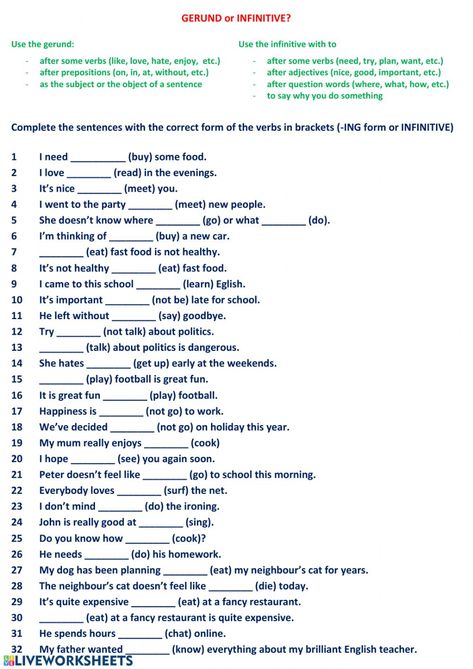 Gerund or Infinitive interactive exercise for Pre-intermediate. You can do the exercises online or download the worksheet as pdf. Gerund Exercises, Infinitives Grammar, English Conversation Learning, English Grammar Exercises, Learn English Speaking, Grammar Exercises, English Exercises, English Grammar Worksheets, English Vocab