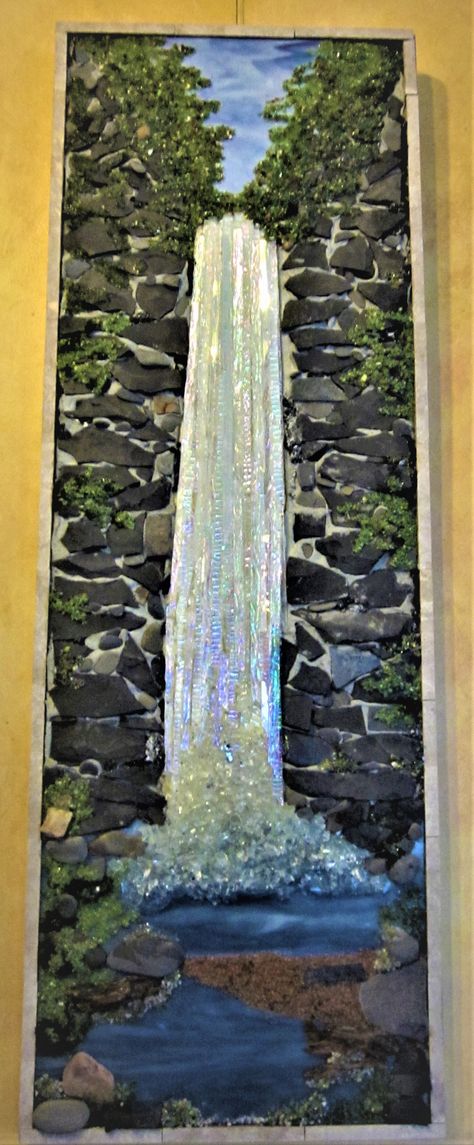 Fused Glass Waterfall, Stained Glass Waterfall, Mosaic Landscapes Ideas, River Mosaic, Mosaic Waterfall, Mosaic River, Waterfall Mosaic, Mosaic Landscapes, Mosaic Water