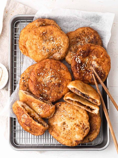 Hotteok (Korean Sweet Pancakes) - Catherine Zhang Hotteok Recipe, Catherine Zhang, Sweet Pancakes, Korean Glass Noodles, Brown Sugar Syrup, Instagram Recipes, Korean Recipes, Korean Street Food, Sugar Syrup