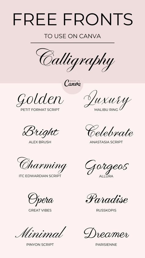 Enhance your design with these free calligraphy-style fonts, perfect for your creations on Canva! 🖋️💕 Download them for free and add a touch of elegance to every project. ✨ Ready to explore more choices? Head over to this Etsy shop for a diverse collection of pre-made templates, from gift cards to wedding invitations. 🎨🔗 Don't wait, start creating with style now! #ElegantDesign #CanvaFreebies #EtsyShop #FreeFontsCanva #Calligraphy Elegant Fonts Free, Font Canva Lettering, Best Fonts For Logos, Caligraphy Font, Free Calligraphy Fonts, Business Fonts, Groovy Font, Aesthetic Fonts, Font Combinations