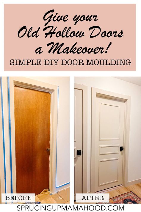 Update Pocket Door Diy, Update Old Interior Doors, Old Door Remodel, Sprucing Up Interior Doors, Interior Door Diy Makeover, Cheap Diy Door Makeover, Bedroom Door Update Diy, Adding Trim To Interior Doors, Door Renovation Interior