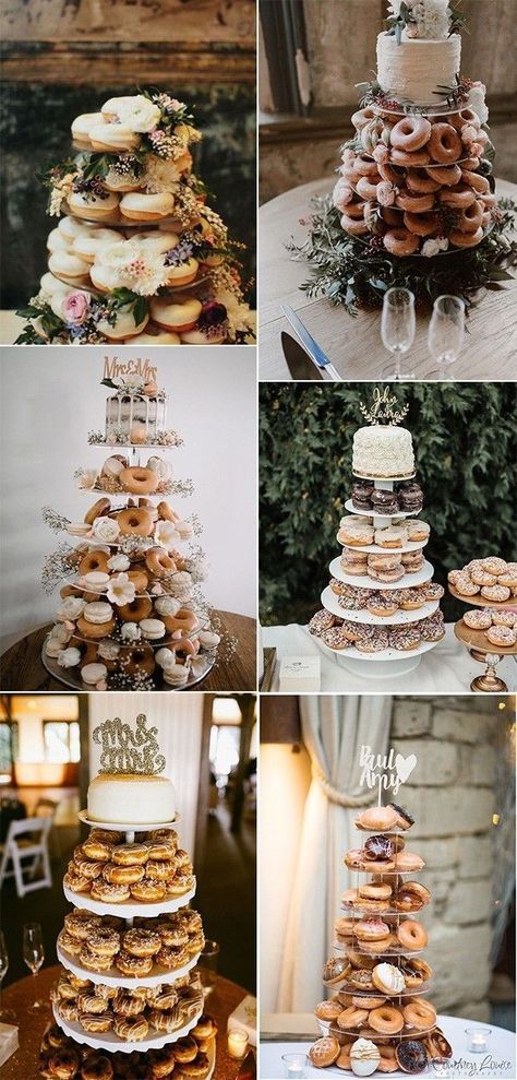 Jan 22, 2020 - Donuts are loved by everyone! They are delicious and budget-savvy, so you should definitely serve them at your wedding! Don't forget to display them right Doughnuts Wedding, Donut Bar Wedding, Donut Wedding Cake, Donut Tower, Cake Tower, Cakes And Pastries, Wedding Donuts, Wedding Cake Alternatives, Donut Bar