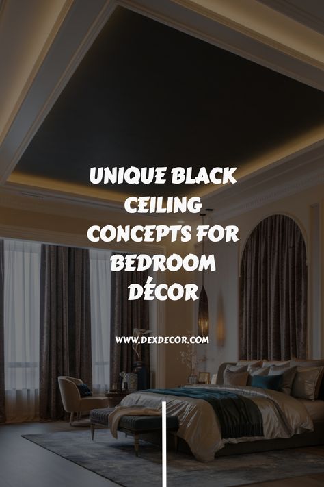 Elegant bedroom with a unique black ceiling and sophisticated décor. Black Ceiling Grey Walls Bedroom, Black Cathedral Ceiling, Black Beadboard Ceiling, Recessed Ceiling Ideas Master Bedrooms, Fabric Ceiling Ideas Bedroom, Floating Ceiling Ideas, Black Ceiling Bedroom, Ceiling Bedroom Ideas, Black Ceilings