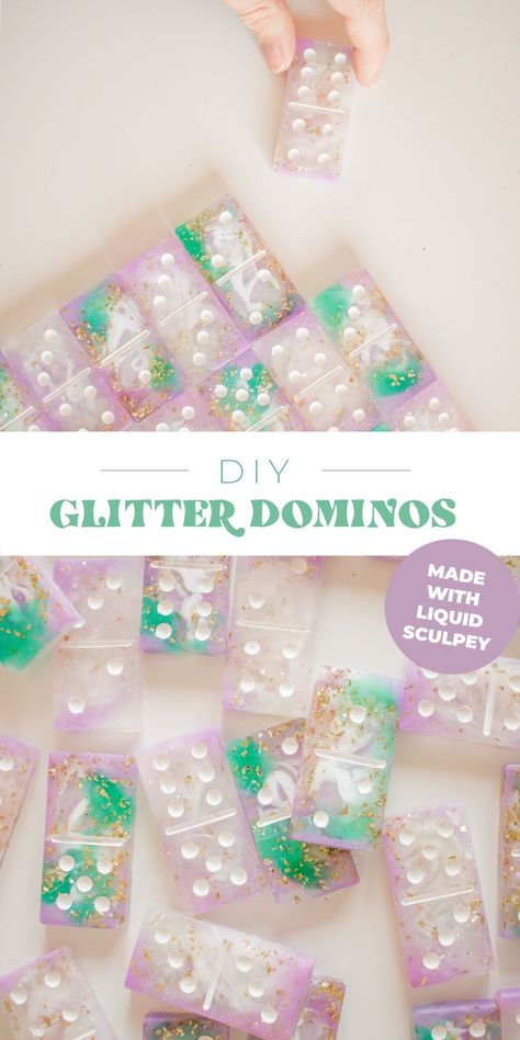 DIY Liquid Sculpey Dominos - Looks Like Resin! Add glitter, dried flowers or fabric to your DIY board game! Plus super easy! #diygames #diydominos #resinDIY #diygifts #diyprojects Diy Resin Dominoes, Liquid Sculpey Ideas, Resin Dominoes Ideas, Diy Travel Games, Resin Dominos, Liquid Sculpey, Resin Dominoes, Resin Crafting, Board Games Diy