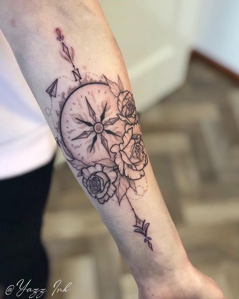 Yazz Ink on Instagram: “Blackwork/dotwork compass, arrow and roses ✈️🌹! Wraps a bit around the arm 💪🏼 ——— Still a few spaces left for May and June ❤️ email to book…” Rosemary Aesthetic, Small Compass Tattoo, Tattoo For Baby Girl, Tattoo Hip, Geometric Tattoos, Geometric Tattoo Design, Small Girl Tattoos, Incredible Tattoos, Hip Tattoo