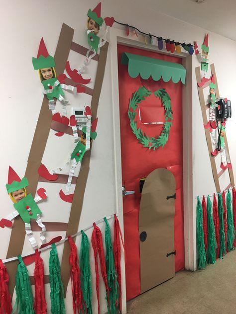 Feliz Navidad Classroom Door Decorations, Christmas Door Decorating Contest Two Doors, Cute Christmas Door Decorations For School, Christmas Door Crafts, Christmas Themed Door Decorations, Pe Christmas Door Decorations, Elves Door Decorations Classroom, The Grinch Door Ideas, Elf Workshop Door Decorations