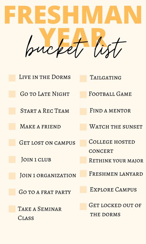 Entering college as a freshman, but have no idea what to expect? Want to do everything you can? I have just the thing for you: the Ultimate College Freshman Year Bucket List! | College freshmen year | college freshman year | freshman bucket list | college bucket list | #collegefreshman #bucketlist #collegebucketlist Freshman Year Bucket List, Freshman Bucket List, College To Do List, University Bucket List, Year Journal Ideas, Bucket List College, Things To Do In College, College Freshman Survival Kit, Year Bucket List