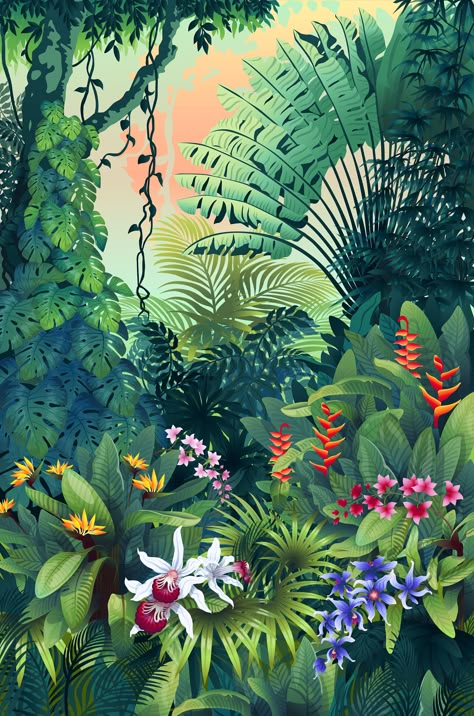 Tropical Digital Art, Amazon Forest Illustration, Tropical Forest Drawing, Botanical Garden Illustration, Tropical Forest Illustration, Jungle Art Tropical, Tropical Jungle Illustration, Rainforest Illustration, Tropical Drawing