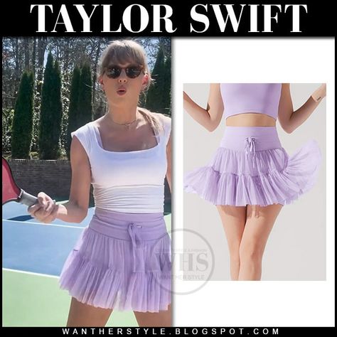 Taylor Swift in lavender pleated Popflex Pirouette mini skirt and white top April 19 Popflex Skirt Outfit, Lilac Short Skirt, Popflex Skirt, Taylor Swift In Purple, Pirouette Skirt, Taylor Swift Workout, Skirt And White Top, Alice Core, Lilac Skirt