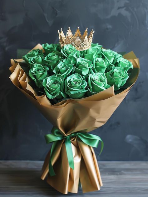 Immerse yourself in the elegance of emerald green roses, delicately wrapped in golden brown paper and secured with a lush green satin bow. A golden crown adorns the top, adding a touch of royalty. Save this vision of regality and follow for more mesmerizing blooms! #FloralArt #EmeraldRoses #LuxuryBouquets #CrownDecor #FollowForMore #AiImage Green Roses Bouquet, Royal Bouquet, Satin Bouquet, Luxury Bouquet, Crown Decor, Blue Flower Wallpaper, Green Roses, Bouquet Inspiration, Birthday Bouquet