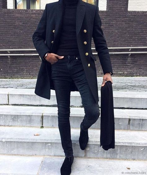 Men's Navy Overcoat, Black Turtleneck, Navy Skinny Jeans, Black Suede Chelsea Boots | Men's Fashion Dark Grey Blazer, Vintage Outfits Men, Mens Winter Fashion Outfits, Blazer For Men, Vintage Menswear, Winter Fashion Outfits Casual, Coat Outfit, Winter Outfits Men, Mens Fashion Classy