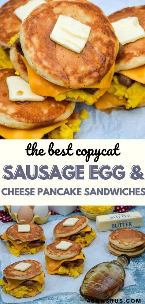 Sausage, egg and cheese pancake sandwiches are a quick and hearty breakfast sandwich. This easy meal features all the classic morning flavors in one portable package. #sandwich #breakfast #recipe Sandwich Breakfast, Breakfast Sandwich Recipes, Egg Cheese, Egg And Cheese, Sausage And Egg, Breakfast Pancakes, Breakfast Meal Prep, Breakfast Recipes Casserole, Make Ahead Breakfast