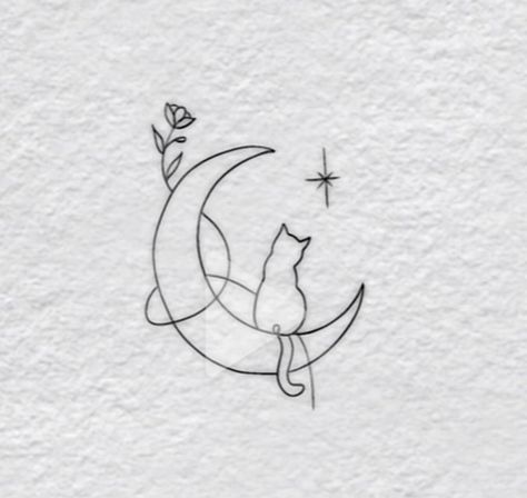 Moon With Cat Tattoo, Cat On Moon Tattoo, Moon And Cat Tattoo, Cat Moon Tattoo, Dinosaur Tattoos, Black Cat Tattoos, Single Line Tattoo, Planet Tattoos, Moon Tattoo Designs