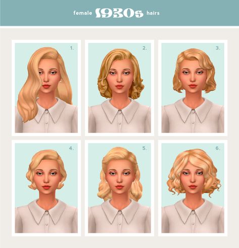 FEMALE CC HAIRS - 1930s Enjoy this big round up of 1930s style hair cuts for the ladies! CC links after the cut. You can find more of my female hair collections here: 1920s  ✺  1940s  ✺  1950s  ✺... Sims 4 Vintage Glamour, 1920 Hair, Ultimate Decades Challenge, 1930s Hair, Legacy Challenge, Sims 4 Historical, Sims 4 Decades Challenge, 1930s Style, Sims 4 Dresses