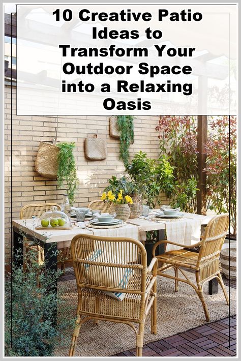 Discover 10 creative patio ideas that will transform your outdoor space into a relaxing oasis. Whether you have a small balcony or a sprawling backyard, these innovative designs and decor tips will inspire you to enhance your patio's appeal. From cozy seating arrangements to vibrant plant displays, explore ways to create a serene retreat right at home. Elevate your outdoor experience with these stylish and functional patio ideas today! Patio Garden Inspiration, Alfresco Dining Ideas, Dining Ideas, Alfresco Dining, Cozy Seating, Balcony Ideas, Small Balcony, Al Fresco Dining, Patio Ideas