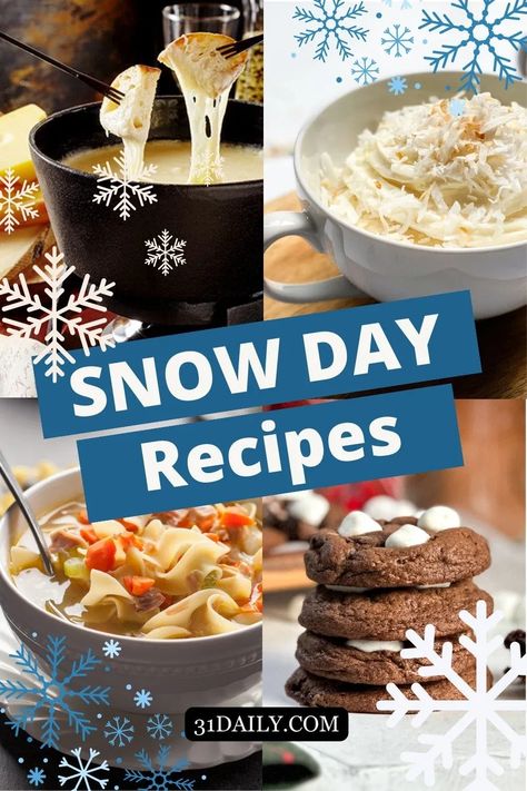 Snowy days call for easy Snow Day winter recipes that are fun to make and delicious to enjoy, whether sweet or savory. Find snacks, desserts, lunch ideas, winter dinner recipes and more! These simple recipe ideas will warm your toes and make snow days one to remember! Snow Day Baking, Warm Foods For Cold Days, Snow Themed Desserts, Cold Weather Snacks, Snow Day Food Ideas, Snow Day Meals Comfort Foods, Snowed In Meals, Snow Day Snacks, January Snacks