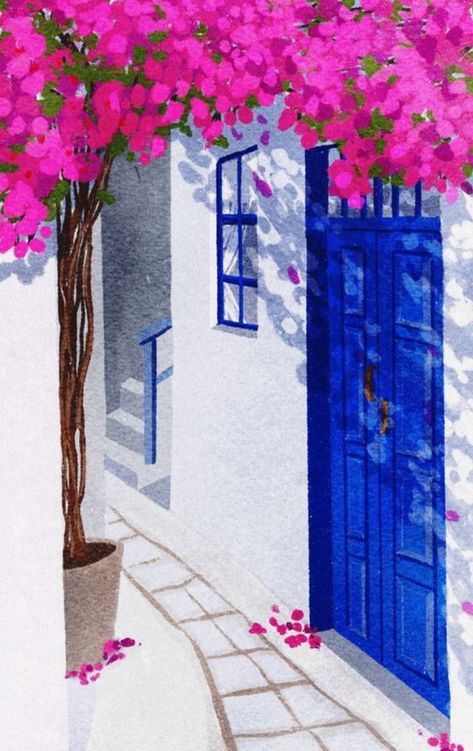 Cute Room Posters Aesthetic, Summer Illustration Art Drawings, Greece Backgrounds, Phone Wallpaper Travel, Summer Paintings On Canvas, Greece Illustration, Santorini Painting, Greece Painting, Greece Art