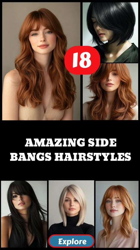 18 amazing side bangs hairstyles collage exemplifying diverse styles and colors. Side Swept Bangs Long Hair With Layers Fringes, Bangs For A Side Part, Layered Lob With Side Bangs, Side Bangs With Long Hair Layers, Short Bob With Side Bangs, Thick Side Bangs, Side Bangs Haircut, Side Swept Bangs Long Hair, Side Fringe Bangs