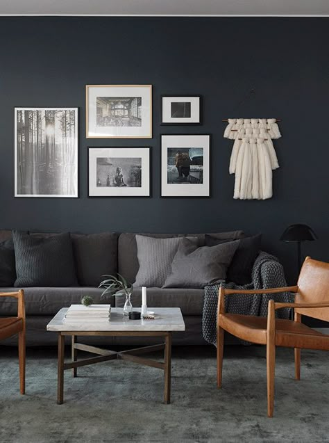 Over to the dark side in a Swedish space Grey Carpet Living Room, Ikea Deco, Dark Grey Couch Living Room, Dark Grey Couches, Dark Grey Living Room, Furnitur Ruang Keluarga, Grey Couch Living Room, Dark Grey Walls, Dark Living Rooms