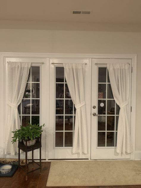 Curtains For Back French Doors, Dressed French Doors, French Door With Blinds Inside, Curtains For Kitchen Door, Privacy French Door Ideas, Farmhouse French Doors Curtains, Curtain For Glass Door, French Door Drapes, Curtains Above French Doors