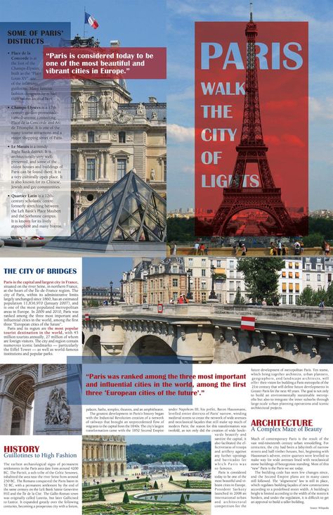 A 4-page layout brochure project for the City of Lights. Paris Travel Brochure, City Brochure Design, Paris Brochure, Travel Brochure School Project, City Brochure, Paris Mood Board, Brochure Examples, Paris Mood, Travel Creative