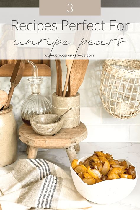 Do you have a lot of hard, unripe pears? Each year our pear tree overproduces. Learn what to do with unripe pears with 3 simple recipes! #fromhousetohaven #pearrecipes #stewedpears #peardish #cookedpears #unripepears #pearrecipe Unripe Pear Recipes, Stewed Pears Recipe, Easy Pear Recipes, Pear Sauce Recipe, Cooked Fruit, Pear Decor, Pear Pie Recipe, Pears Decor, Pear Sauce