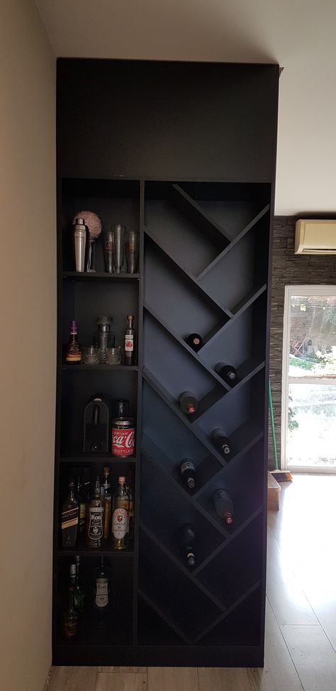 Wall Bar Ideas, Bar In Living Room, Alcohol Storage, Wine Storage Wall, Speakeasy Decor, Liquor Storage, Liquor Shelf, Home Bar Areas, Wine Closet