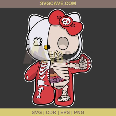 Hello Kitty Half Skeleton, Hello Kitty Half Skeleton Drawing, Hello Kitty Horror Characters, Hello Kitty Skull, Zombie Hello Kitty Tattoo, Side Tats, Halloween Hello Kitty Skeleton, Hello Kitty Skeleton, Skeleton Cartoon