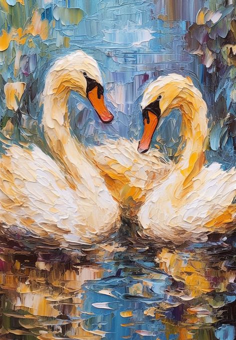 A warm, textured portrayal of two swans in love on a tranquil lake. Impasto brushstrokes evoke passion and harmony. Swans Painting, Swan Paintings, Abstract Swan Painting, Swan Canvas Painting, Aesthetic Swan Painting, Swans In Love, Swan Artwork, Swan Love Painting, Two Animals