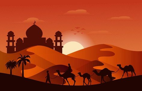 Islamic Nature, Arabic Desert, Camel Painting, Culture Illustration, Background Tree, Leaves Illustration, Islamic Culture, Islamic Posters, Ancient Temples