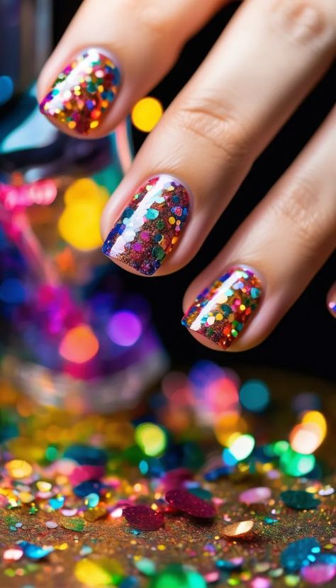 Clear nail base with vibrant multicolored glitter confetti scattered randomly, creating a lively rainbow explosion perfect for celebrations.
Tags: #RainbowNails #ConfettiNails #GlitterExplosion Confetti Nails Birthday, Multi Colored Glitter Nails, Rainbow Glitter Ombre Nails, Confetti Nail Designs, Rainbow Sparkle Nails, Multicolor Glitter Nails, Rainbow Glitter Nails, Rainbow Explosion, Nail Base