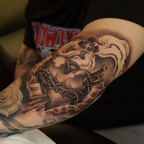 Inside Bicep Tattoo, Soldier Tattoo, Inner Bicep Tattoo, Skull Hand Tattoo, Sacred Heart Tattoos, Christ Tattoo, Cool Wrist Tattoos, Saved Tattoo, Men Tattoos Arm Sleeve