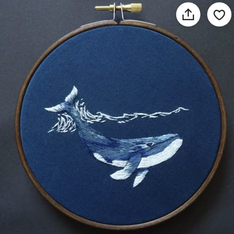 Blue Whale Embroidery, Whale Embroidery Design, Ocean Wave Embroidery, Sea Embroidery Ideas, Embroidery On Blue Fabric, Ocean Embroidery Patterns, Whale Embroidery Pattern, Embroidery Shark, Thread Painting Embroidery