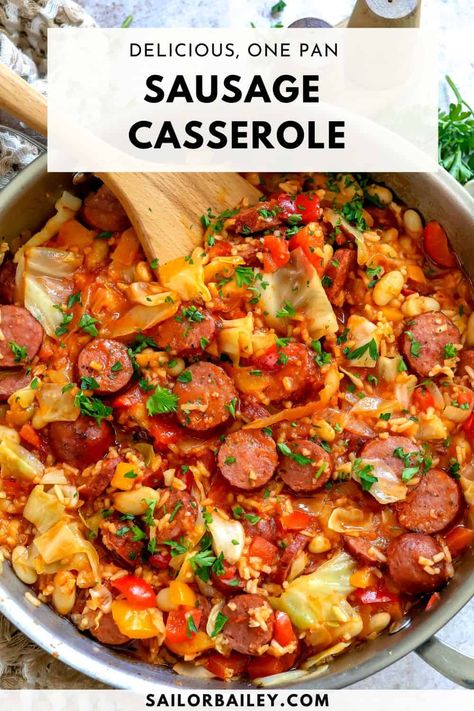 This Slow Cooker Sausage Casserole is not only mouthwatering but it's easy to make and all made in one pan, or in the crockpot.  via @sailor_bailey Cozy Comfort Kielbasa Casserole, Smoked Sausage Slow Cooker Recipes, Crockpot Keilbasa Recipes Easy, Sausage Slow Cooker Recipes, Crockpot Sausage Recipes, Sausage Casseroles, Sausage Casserole Slow Cooker, Slow Cooker Sausage Recipes, Slow Cooker Hamburger Soup