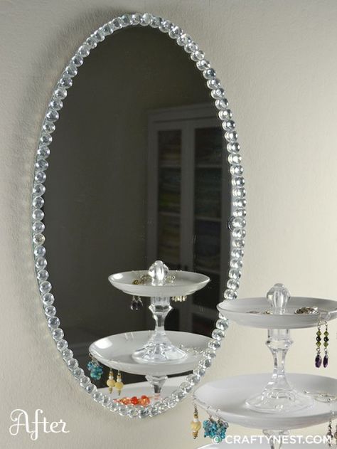 16 DIY Mirror Home Decor Ideas - HAWTHORNE & MAIN Teenage Crafts, Gothic Decor Bedroom, Beaded Mirror, Mirror Frame Diy, Amazing Crafts, Mirror Crafts, Dekor Diy, Glass Gems, Diy Mirror