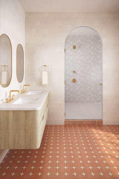 Bathroom design with terracotta tile floor, white tile wall, and stacked mosaic shower with brass fixtures. Ann Sacks Tiles, Serene Bathroom, Ann Sacks, Bathroom Inspiration Decor, Style Tile, Laundry In Bathroom, Bathroom Kids, Glass Shower, Spring 2024