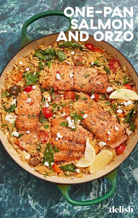 One-Pan Salmon and Orzo is simple, full of flavor and so easy to clean up. Hands-down one of the best family dinners. Salmon Orzo Recipe, Salmon And Orzo, Salmon Orzo, Pan Salmon, Easy Mediterranean Diet Recipes, Orzo Recipes, Salmon Seasoning, Easy Seafood Recipes, Fish Dinner